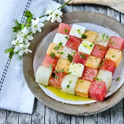 Damier de pastèque, melon, concombre & feta