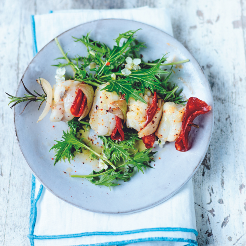 Gegrillte Spieße aus Seeteufel & Chorizo